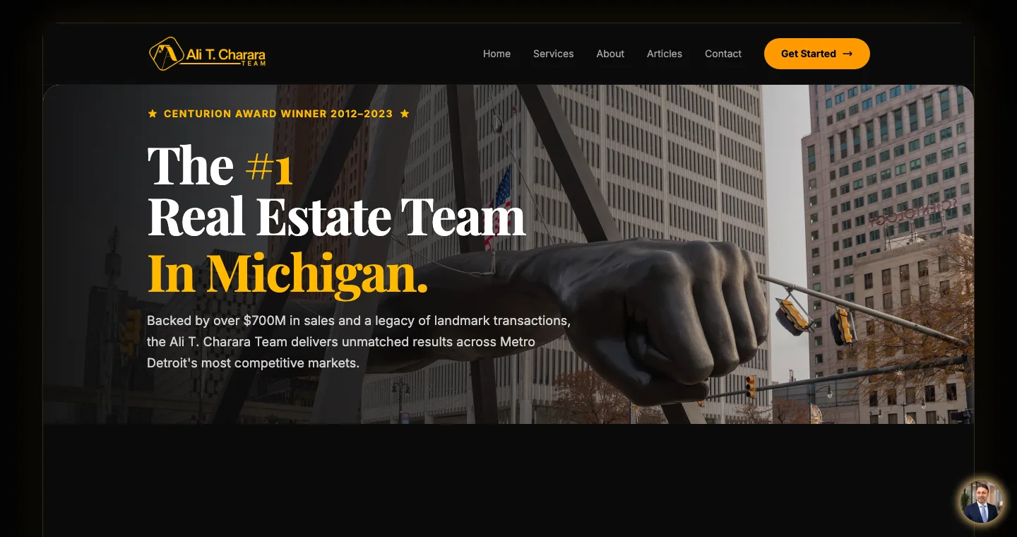 alicharara.com homepage: dark hero with gold headline over the Monument to Joe Louis