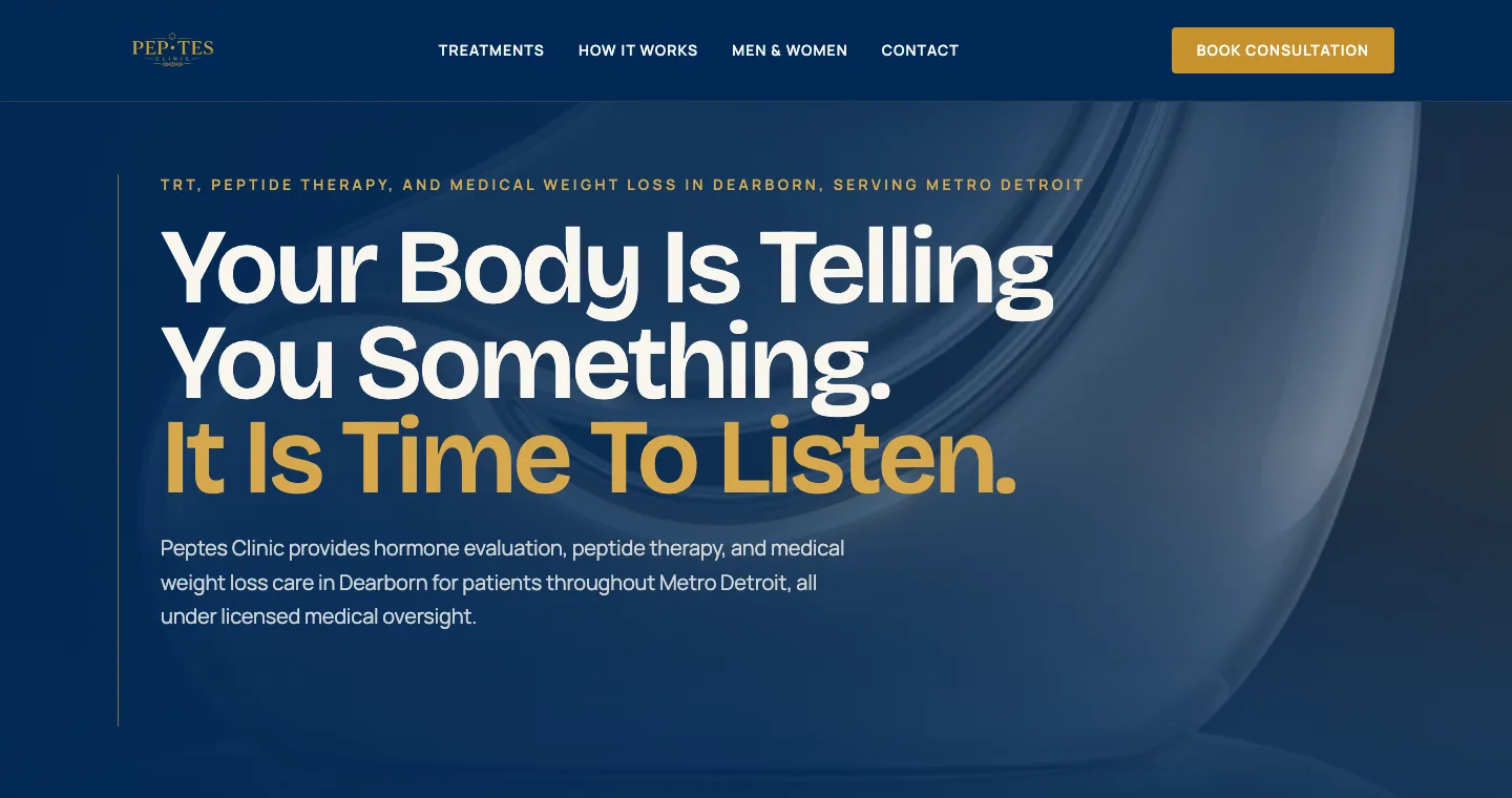 peptes.com homepage: navy hero reading Your Body Is Telling You Something